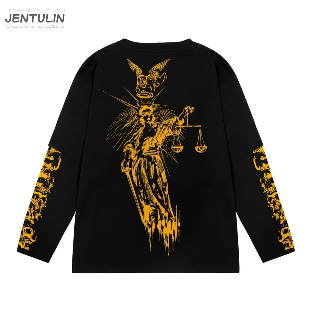 Black long-sleeved Harajuku streetwear tee with bold yellow lady justice graphic and skull motifs on sleeves for hip hop style