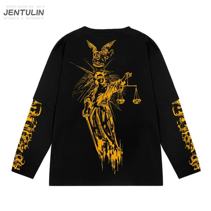 Black long-sleeved Harajuku streetwear tee with bold yellow lady justice graphic and skull motifs on sleeves for hip hop style