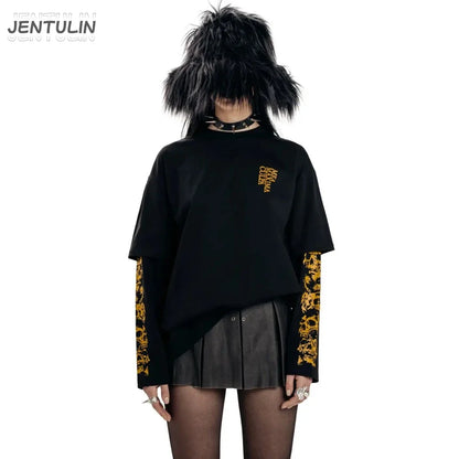 Black oversized harajuku streetwear t shirt with gold skull and baroque sleeves cropped hemline and subtle chest text