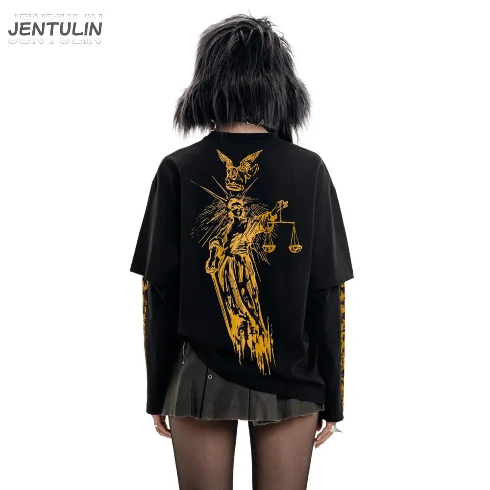 Black jentulin harajuku oversize streetwear long sleeve tshirt justice graphic in bold gold on back with matching gold sleeves