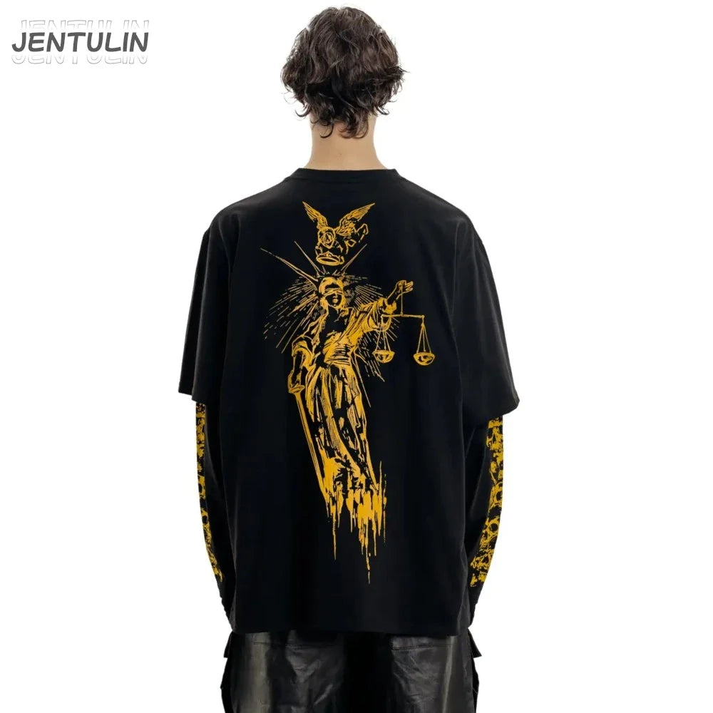 Black jentulin oversized t-shirt with bold gold lady justice graphic and gold leopard-print sleeve cuffs for streetwear