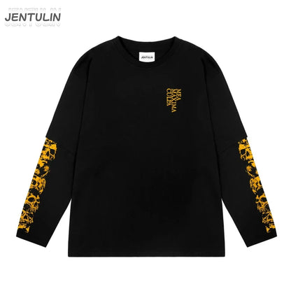 Black jentulin harajuku oversize long sleeve t-shirt with gold skulls on sleeves and mea maxima coola text on chest