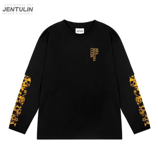Black jentulin harajuku oversize long sleeve t-shirt with gold skulls on sleeves and mea maxima coola text on chest