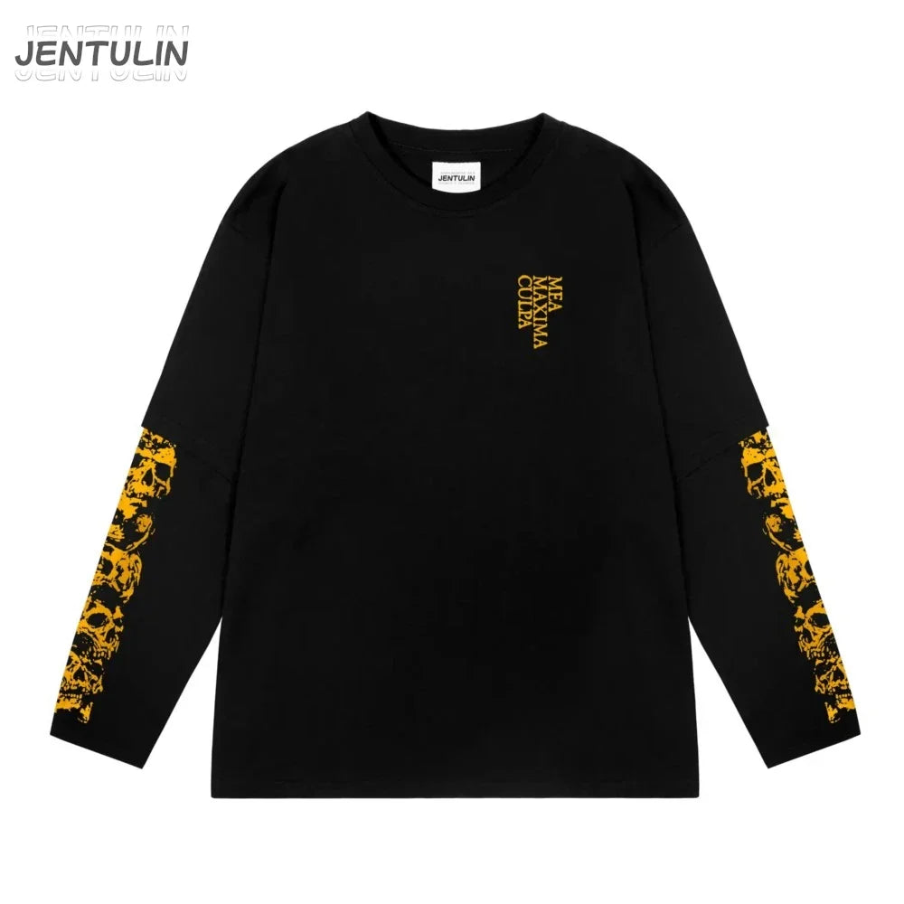 Black long sleeve harajuku oversize streetwear tshirt with gold skull sleeves maxima coola chest and jentulin label