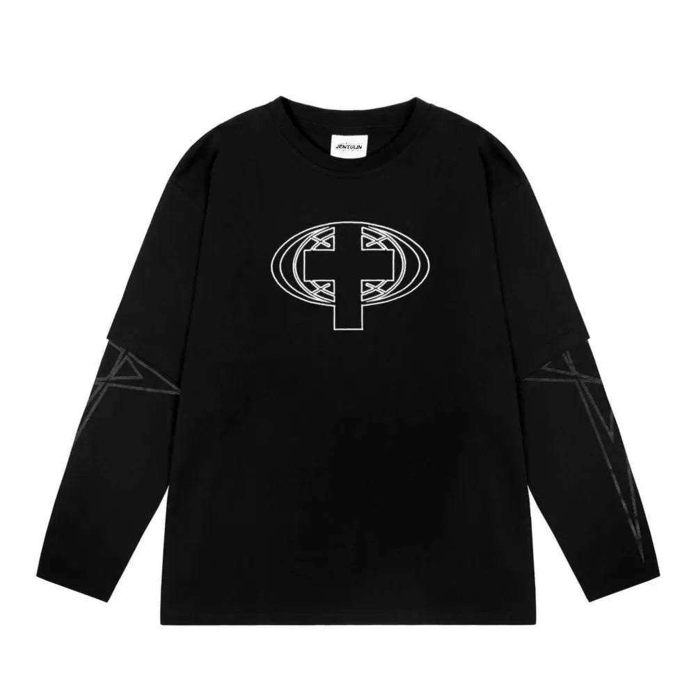 Black long sleeve harajuku oversized streetwear tshirt with white geometric cross and gray sleeve patterns positive feedback