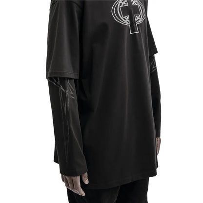 Black long-sleeve harajuku oversize tshirt with white outlined cross and circular design for streetwear positive feedback