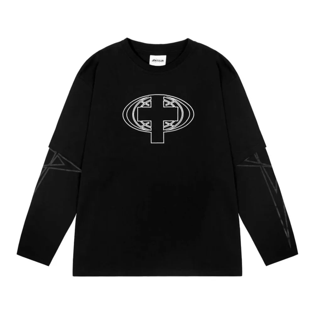 Black long sleeve crewneck harajuku streetwear tee with white geometric cross and gray sleeve lines ideal for positive feedback items received