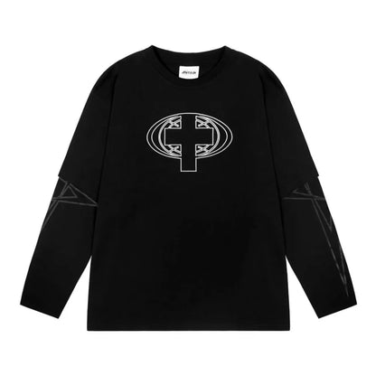 Black long sleeve crewneck harajuku streetwear tee with white geometric cross and gray sleeve lines ideal for positive feedback items received