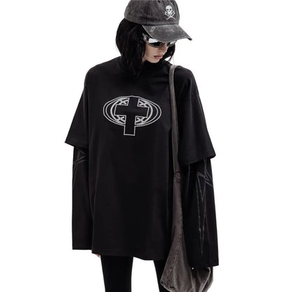 Black oversized Harajuku streetwear t-shirt with white geometric cross design and hip hop aesthetic long sleeves delivered date positive feedback
