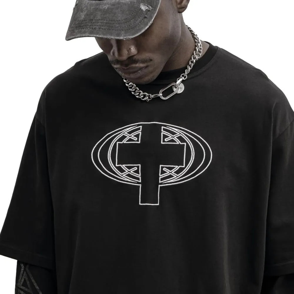 Black oversized cotton t shirt with bold white geometric cross print for harajuku streetwear and positive feedback items received