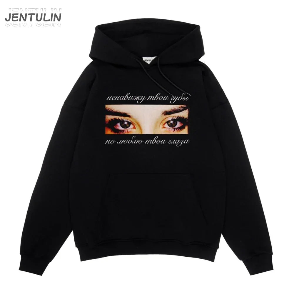 Black jentulin harajuku oversized streetwear hoodie with intense eyes graphic and cyrillic text goth y2k winter style