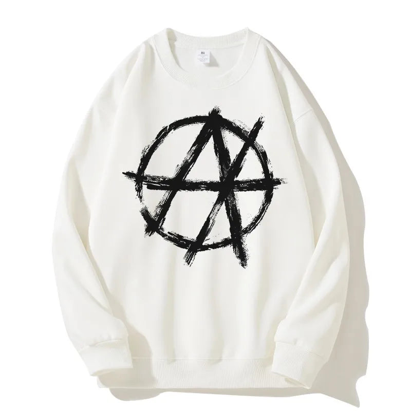 White crewneck sweatshirt featuring a bold black anarchic brushstroke symbol for aesthetic goth y2k and harajuku oversized streetwear hoodies antihype graphic style