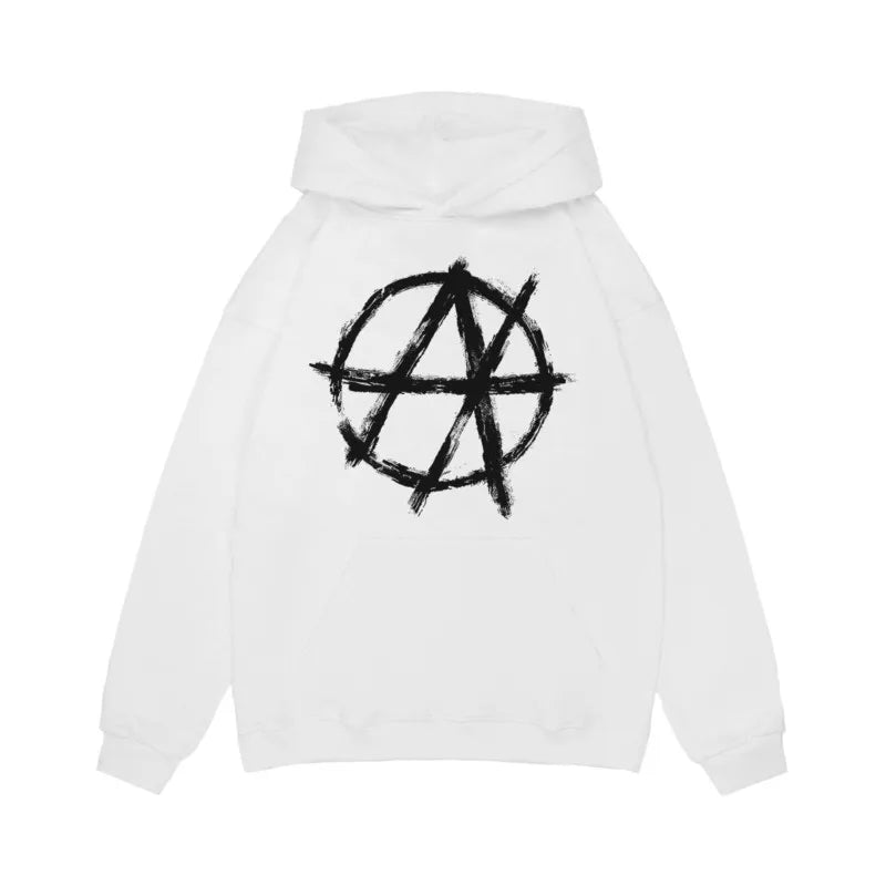 White hoodie with bold black anarchist symbol on back featuring harajuku oversized streetwear aesthetic goth y2k design