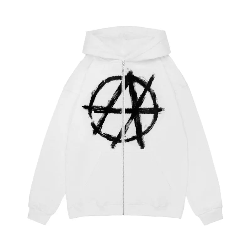 White zip-up hoodie with bold black anarchist symbol in distressed brushstroke style for aesthetic goth y2k streetwear