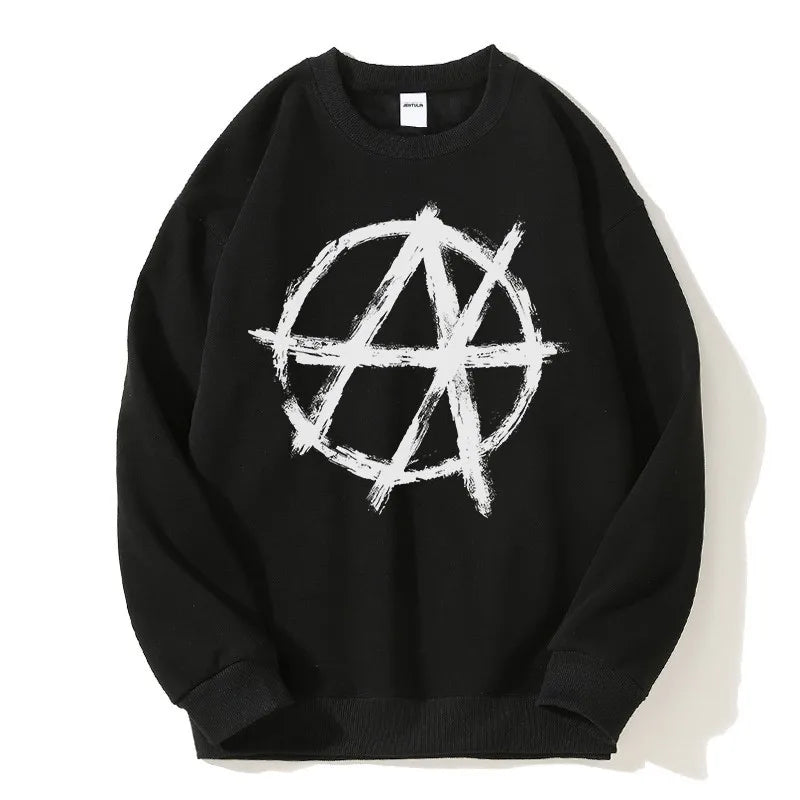 Black crewneck sweatshirt with bold white distressed anarchic symbol for harajuku oversized streetwear aesthetic goth y2k look