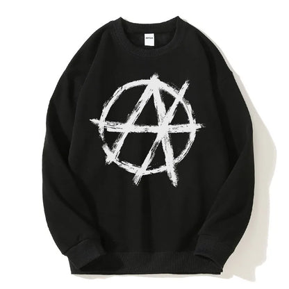 Black crewneck sweatshirt with bold white distressed anarchic symbol for harajuku oversized streetwear aesthetic goth y2k look