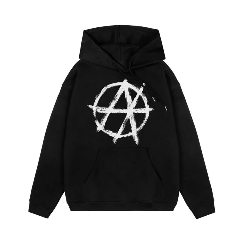 Black hoodie featuring a bold white anarchist symbol in a distressed brushstroke style harajuku oversized streetwear aesthetic goth y2k hoodies antihype graphic