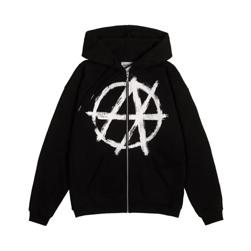 Black zip-up hoodie with bold white distressed anarchic symbol front print harajuku oversized streetwear aesthetic goth y2k