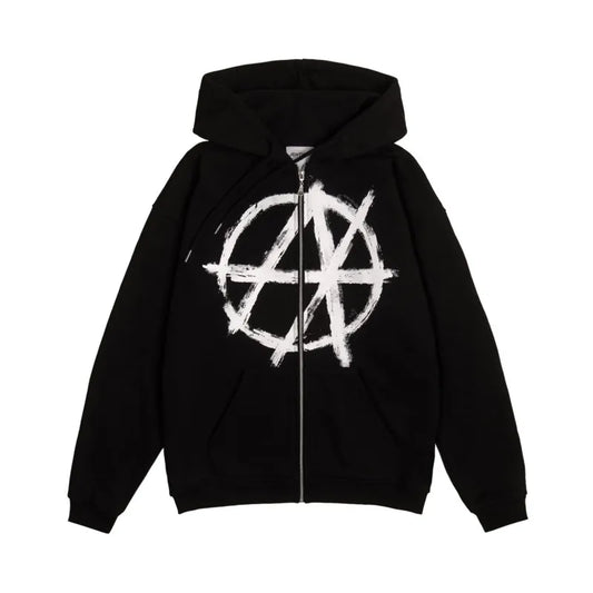 Black zip-up hoodie with bold white distressed anarchic symbol front print harajuku oversized streetwear aesthetic goth y2k