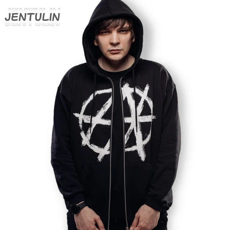 Black zip up hoodie with white graffiti-style anarchy symbol featuring hood and drawstrings for aesthetic goth y2k style