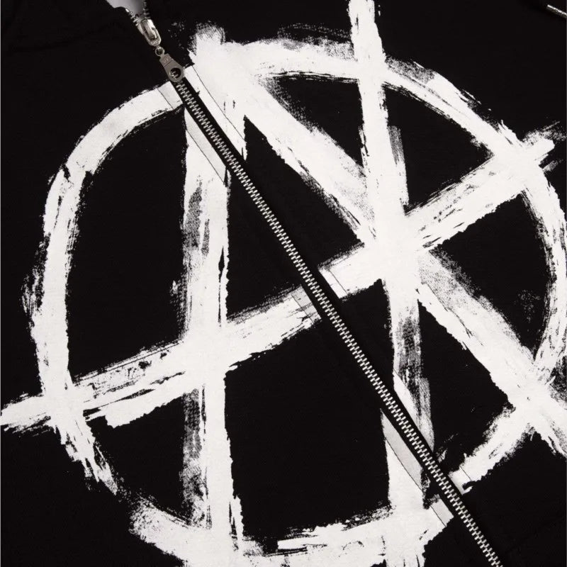 Black zip-up jacket with bold white brushstroke anarchy symbol in harajuku oversized streetwear aesthetic goth y2k style