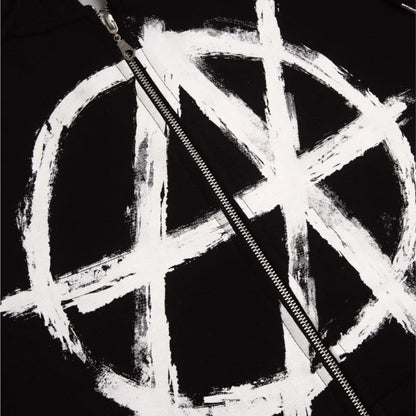 Black zip-up jacket with bold white brushstroke anarchy symbol in harajuku oversized streetwear aesthetic goth y2k style
