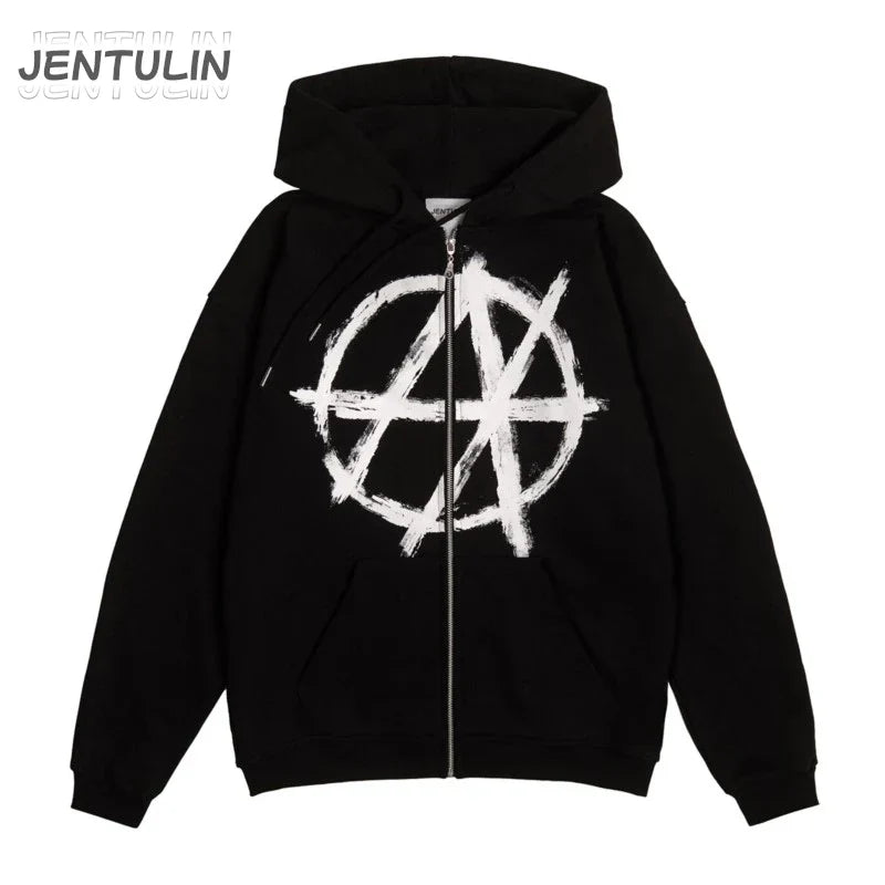 Black zip-up hoodie with bold white brushstroke anarchic symbol in aesthetic goth y2k harajuku oversized streetwear style