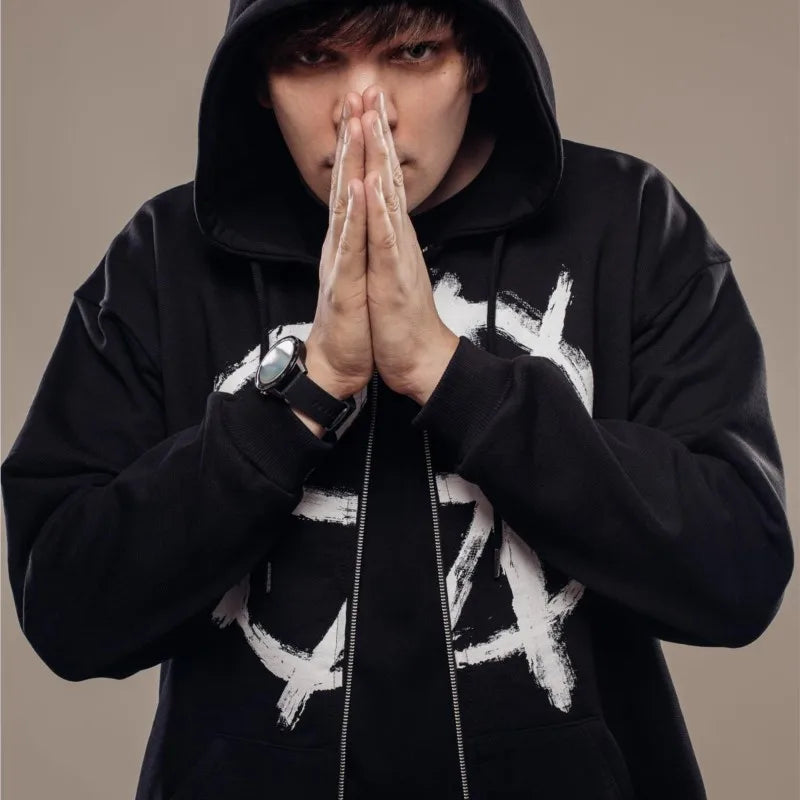 Black hoodie with bold white brushstroke graphic front harajuku oversized streetwear hoodies antihype graphic y2k aesthetic goth