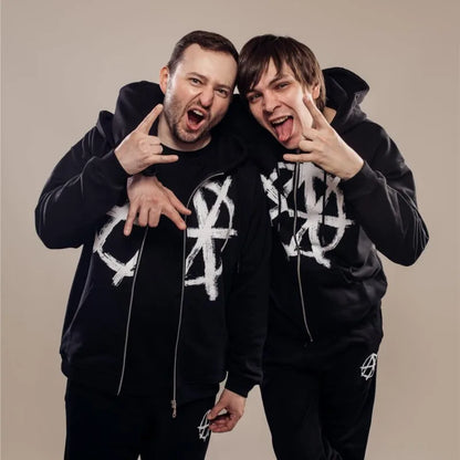 Black harajuku oversized streetwear hoodie with white graffiti anarchy symbol for aesthetic goth y2k style