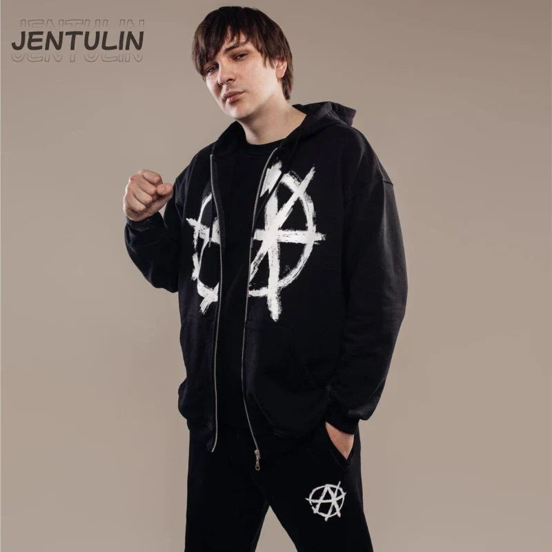 Black jentulin hoodie with white anarchist symbol graphic and front zipper in harajuku oversized streetwear style hoodies antihype graphic aesthetic goth y2k
