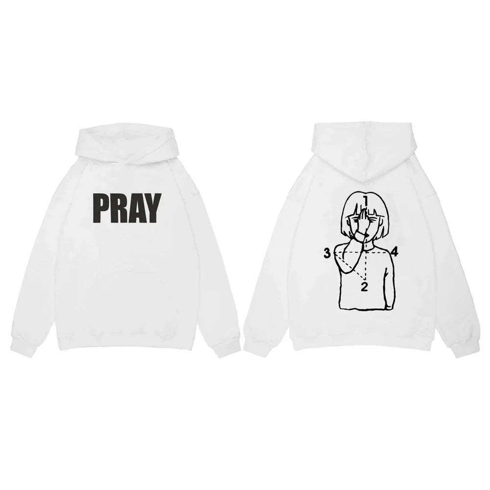 White hoodie back side with black pray graphic print in harajuku streetwear punk pullover, positive feedback since items received