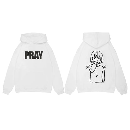 White hoodie back side with black pray graphic print in harajuku streetwear punk pullover, positive feedback since items received