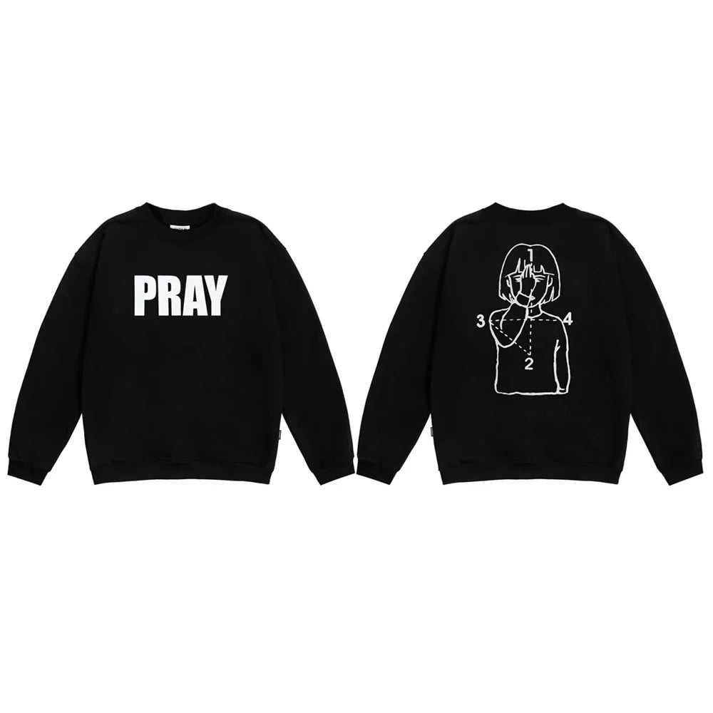 Black harajuku streetwear sweatshirt with pray graphic front and minimalist girl line art back for positive feedback items received