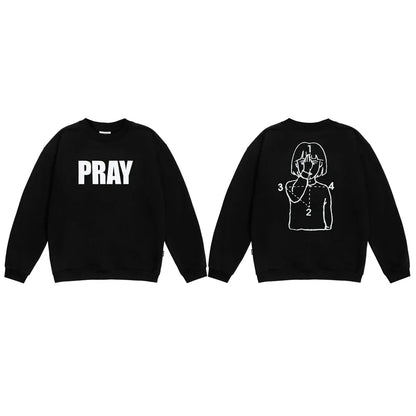Black harajuku streetwear sweatshirt with pray graphic front and minimalist girl line art back for positive feedback items received
