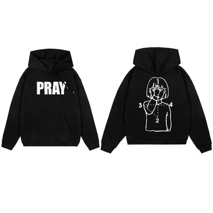 Black hoodie with white pray graphic print front and back harajuku streetwear loose punk pullover for positive feedback items received