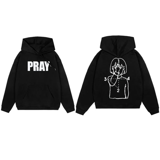 Black hoodie with white pray graphic print front and back harajuku streetwear loose punk pullover for positive feedback items received