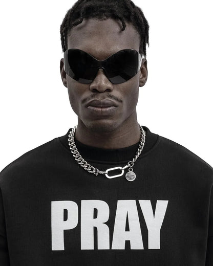 Black sunglasses with bold angular frame and dark lenses paired with harajuku streetwear hoodie for positive feedback on items received and delivered date