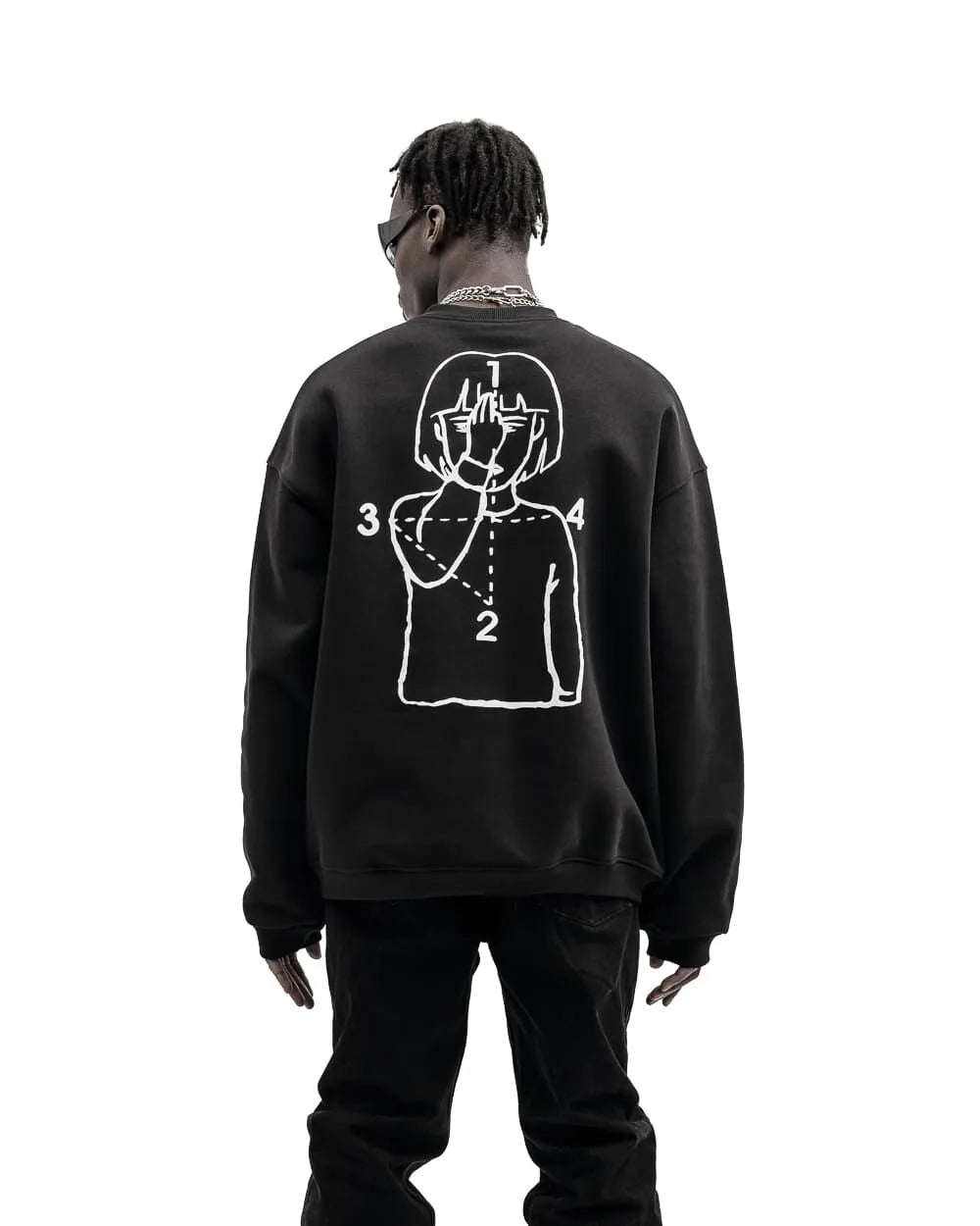 Black harajuku streetwear sweatshirt showing the back with a white anime line-art graphic praised for positive feedback and timely delivered date