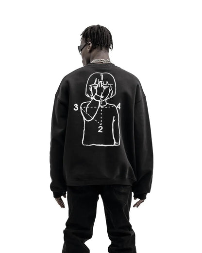 Black harajuku streetwear sweatshirt showing the back with a white anime line-art graphic praised for positive feedback and timely delivered date