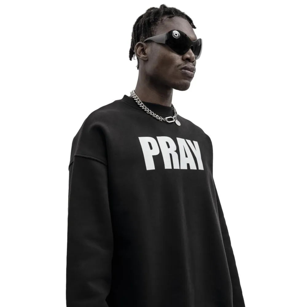 Black oversized sweatshirt with bold white pray lettering, harajuku streetwear hoodie ideal for hip hop and gothic styles, positive feedback on items received and delivered date available