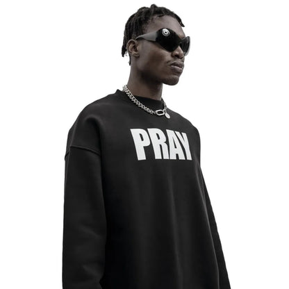 Black oversized sweatshirt with bold white pray lettering, harajuku streetwear hoodie ideal for hip hop and gothic styles, positive feedback on items received and delivered date available