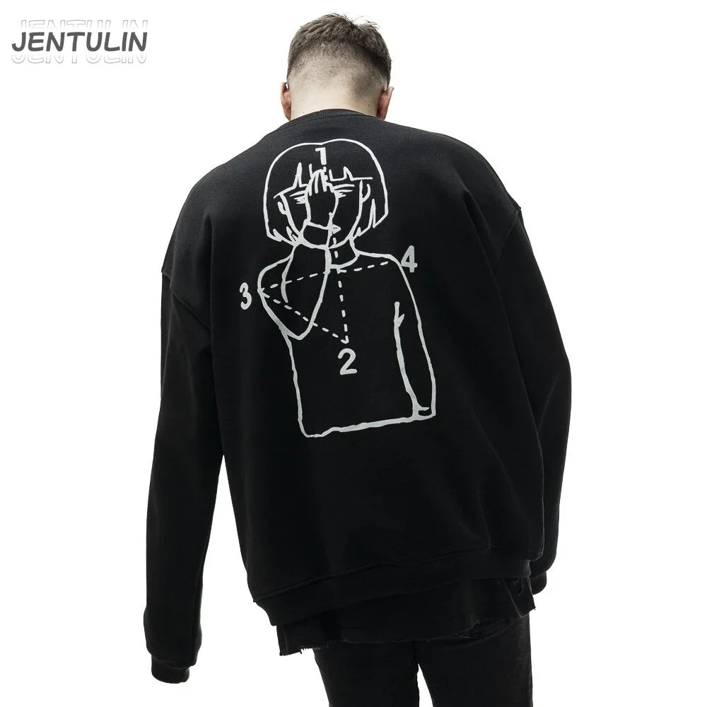Black jentulin sweatshirt back with white anime line-art graphic and numbered annotations for harajuku streetwear tops positive feedback delivered date items received
