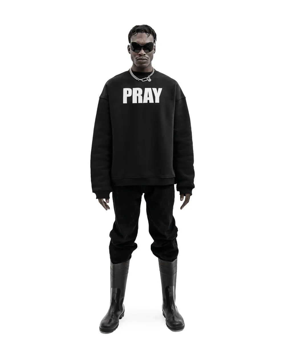 Black oversized sweatshirt with bold white pray lettering for harajuku streetwear punk hooded pullover hip hop style