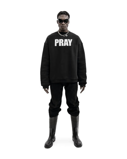 Black oversized sweatshirt with bold white pray lettering for harajuku streetwear punk hooded pullover hip hop style