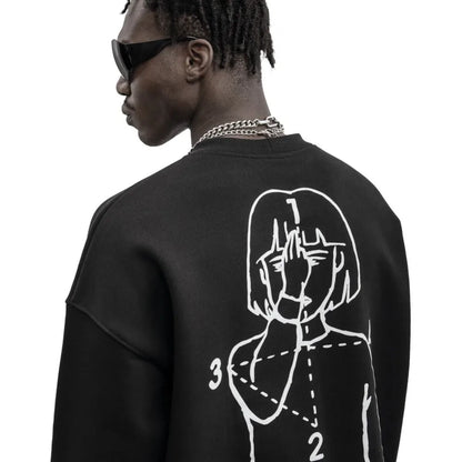 Black Harajuku streetwear sweatshirt showing the back with white line-art figure perfect for hip hop aesthetic tops