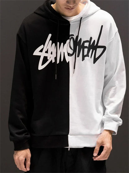 Black and white split harajuku sweatshirt with bold graffiti lettering for men casual streetwear hip hop 2023 y2k style