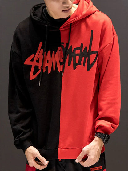 A bold red and black harajuku sweatshirt for men featuring graffiti-style lettering and patchwork design for casual streetwear