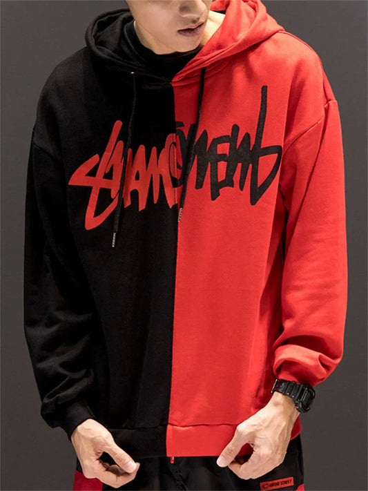 A bold red and black harajuku sweatshirt for men featuring graffiti-style lettering and patchwork design for casual streetwear