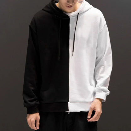 Harajuku men fashion black and white split hoodie with contrasting drawstrings casual streetwear hip hop sweatshirt