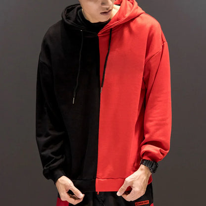 Harajuku sweatshirt men fashion streetwear hip hop hoodie with bold black and vibrant red two-tone relaxed fit design